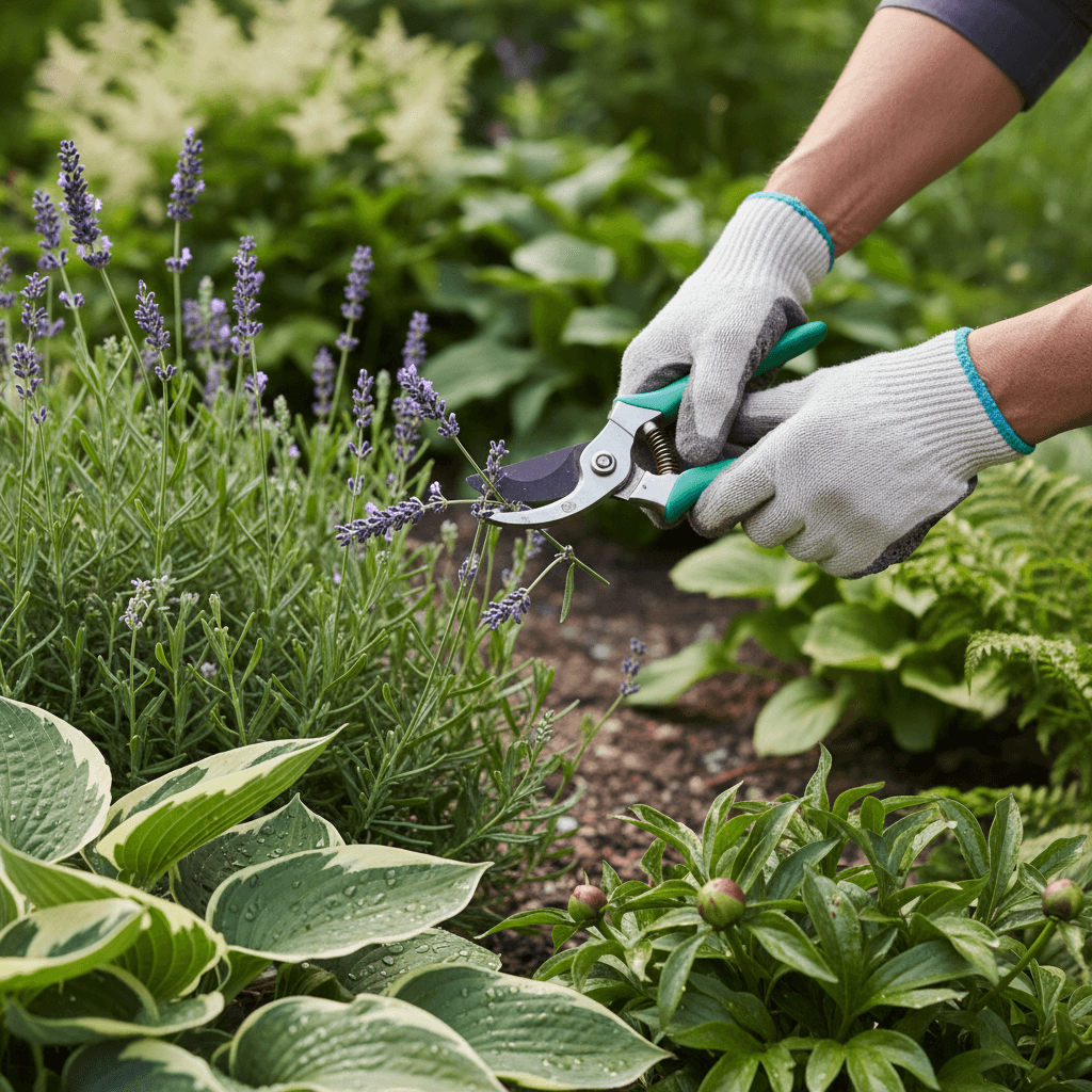 Landscaper maintaining plants and perennials with professional pruning techniques