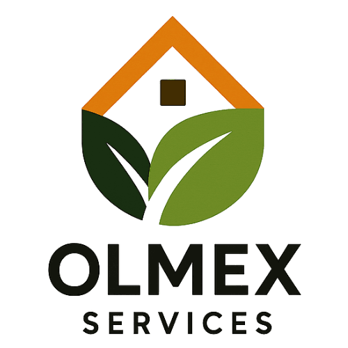 Olmex Services logo featuring an orange roof and green leaves forming a house shape.